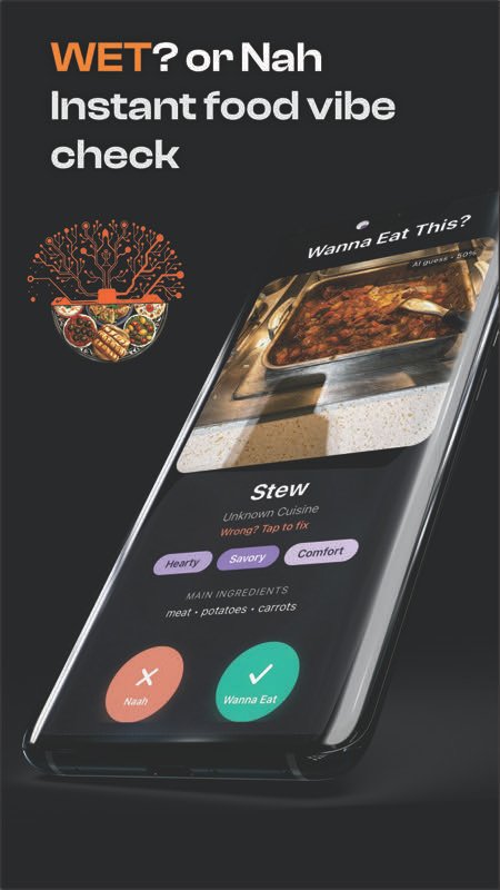 Wanna Eat That? swipe screen showing AI food identification